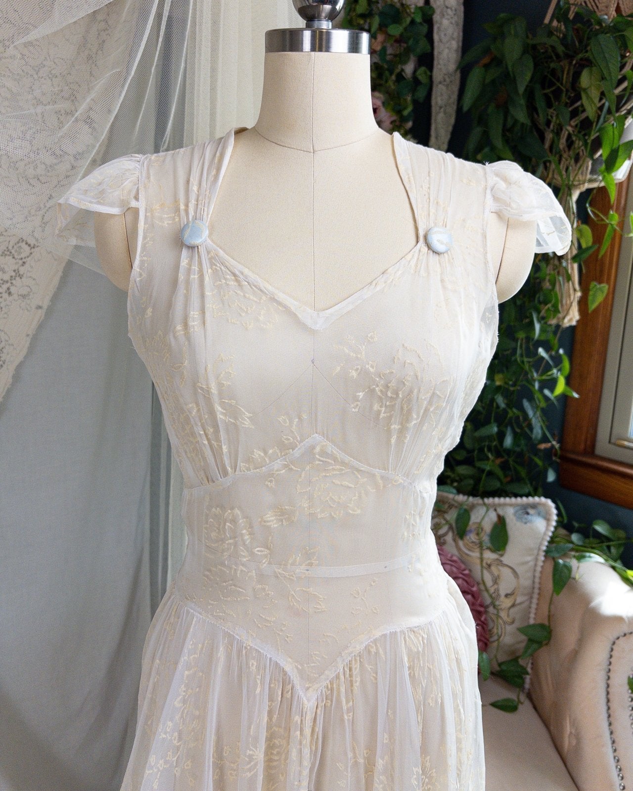 1930s - 1940s Wedding Dress - Sheer Ivory Rayon Chiffon with Raised Floral Motif & Train | Small, Medium - Daggers & Dames