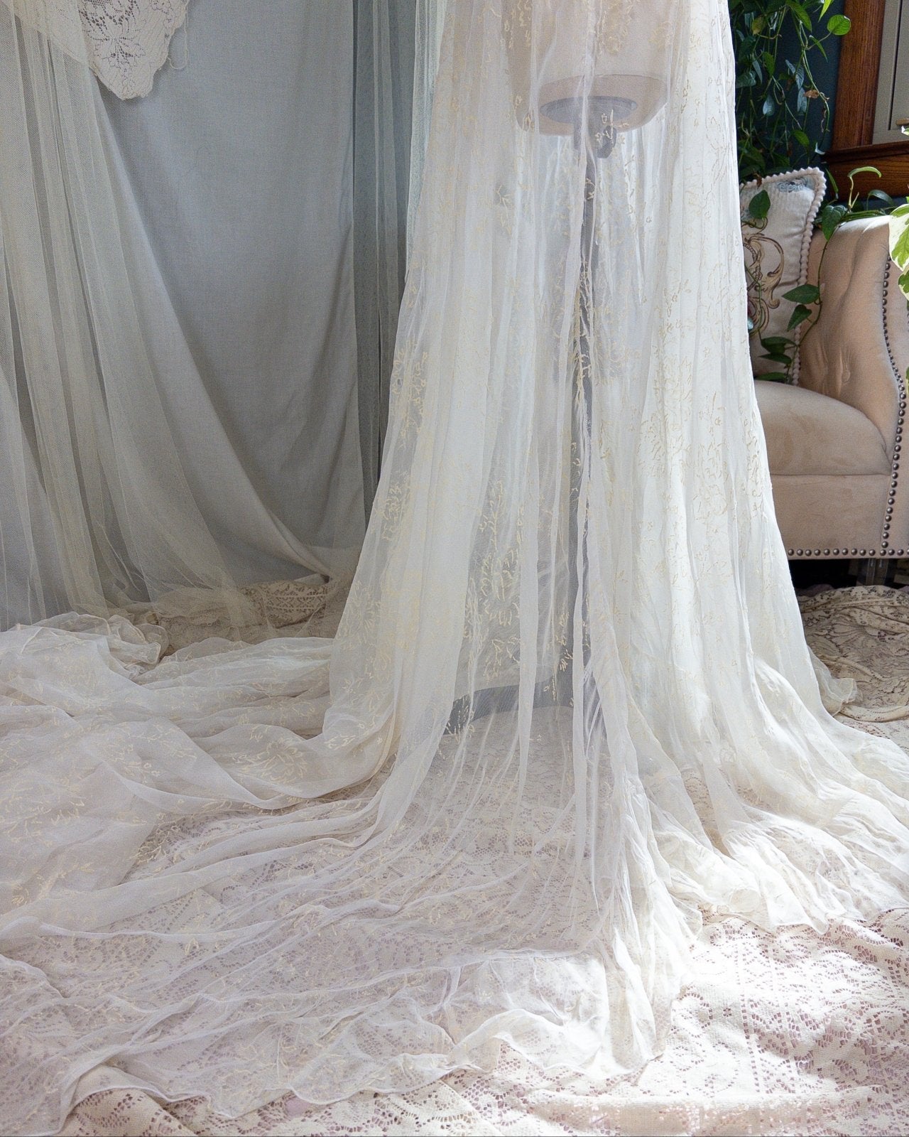1930s - 1940s Wedding Dress - Sheer Ivory Rayon Chiffon with Raised Floral Motif & Train | Small, Medium - Daggers & Dames