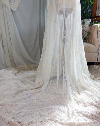 1930s - 1940s Wedding Dress - Sheer Ivory Rayon Chiffon with Raised Floral Motif & Train | Small, Medium - Daggers & Dames