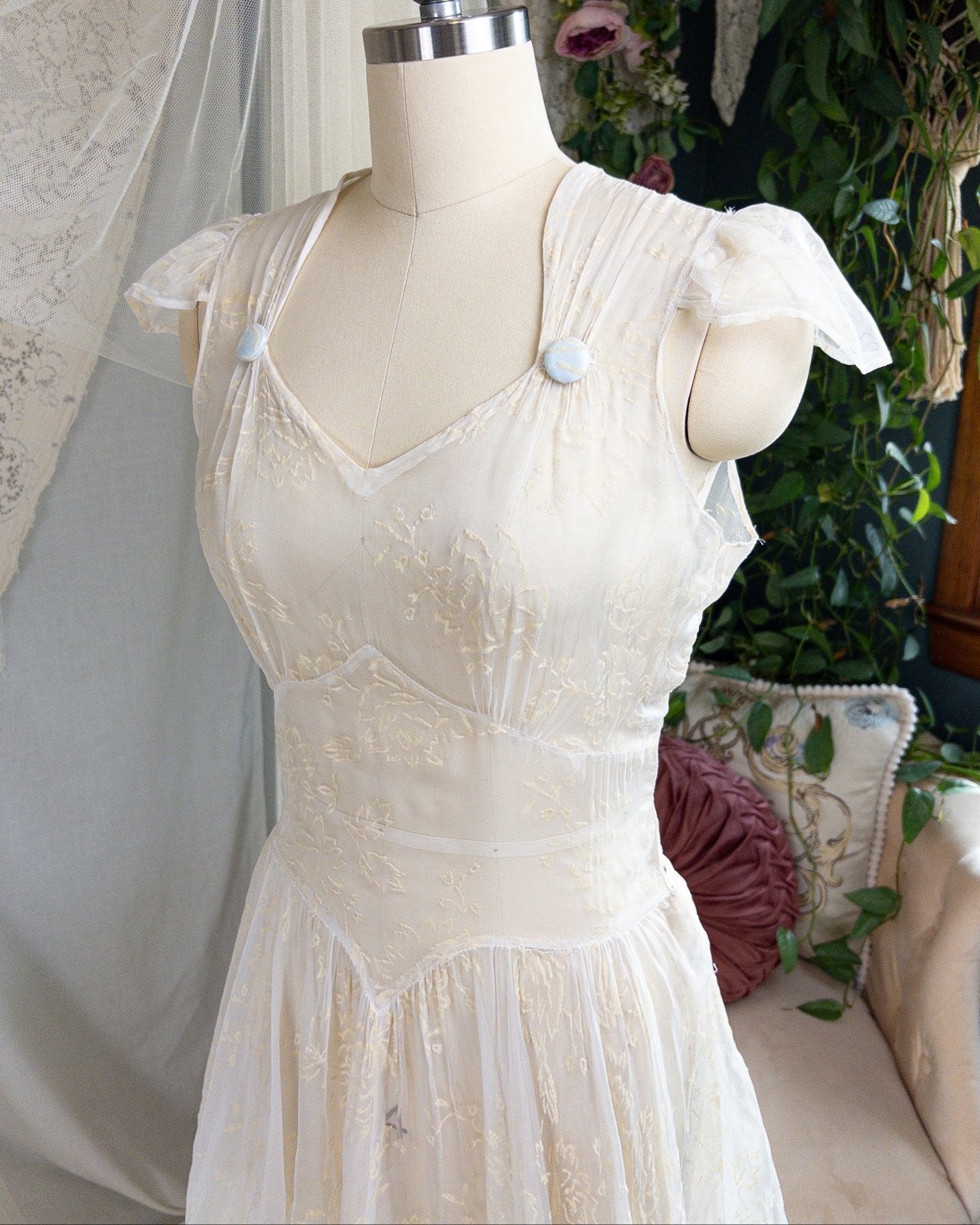 1930s - 1940s Wedding Dress - Sheer Ivory Rayon Chiffon with Raised Floral Motif & Train | Small, Medium - Daggers & Dames