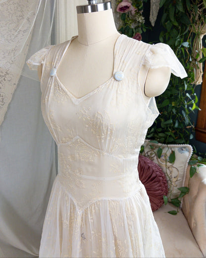 1930s - 1940s Wedding Dress - Sheer Ivory Rayon Chiffon with Raised Floral Motif & Train | Small, Medium - Daggers & Dames