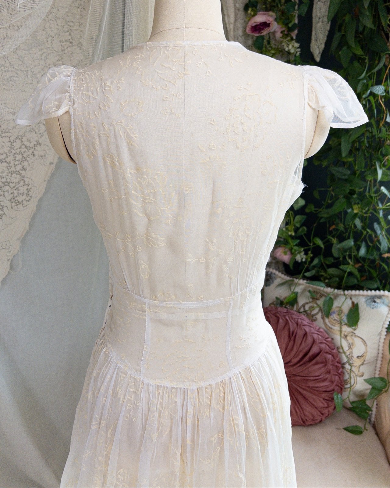 1930s - 1940s Wedding Dress - Sheer Ivory Rayon Chiffon with Raised Floral Motif & Train | Small, Medium - Daggers & Dames
