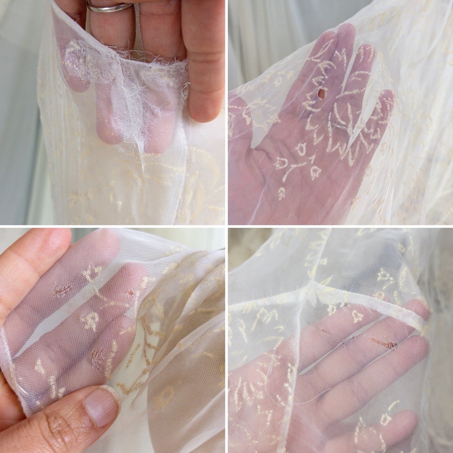 1930s - 1940s Wedding Dress - Sheer Ivory Rayon Chiffon with Raised Floral Motif & Train | Small, Medium - Daggers & Dames