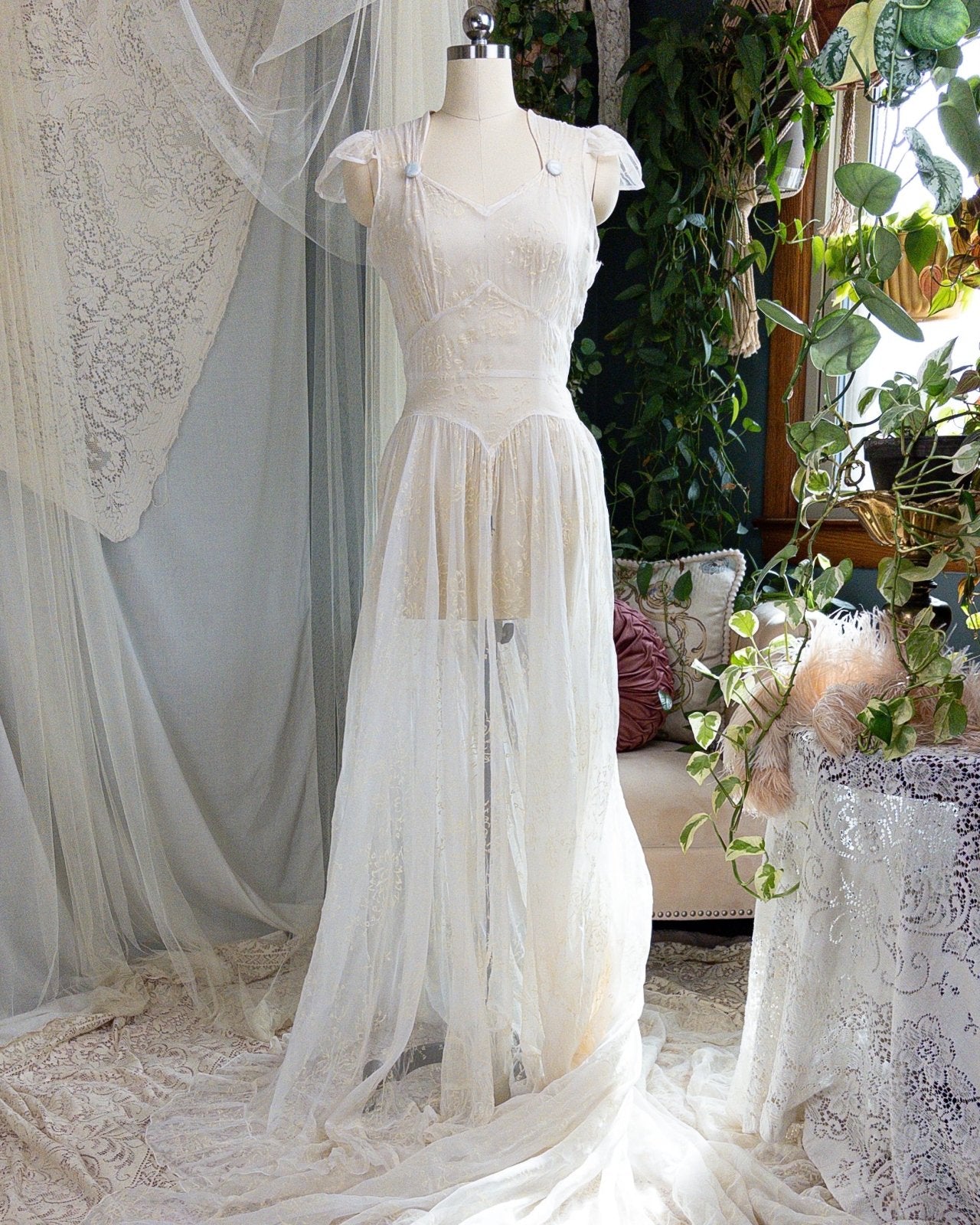 1930s - 1940s Wedding Dress - Sheer Ivory Rayon Chiffon with Raised Floral Motif & Train | Small, Medium - Daggers & Dames