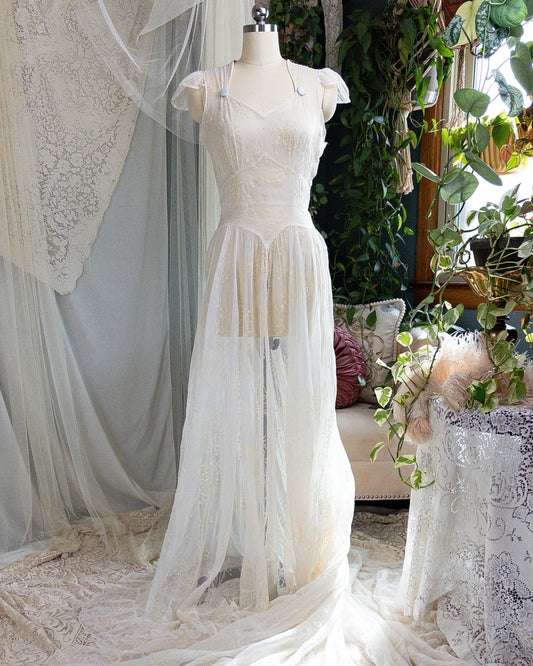 1930s - 1940s Wedding Dress - Sheer Ivory Rayon Chiffon with Raised Floral Motif & Train | Small, Medium - Daggers & Dames