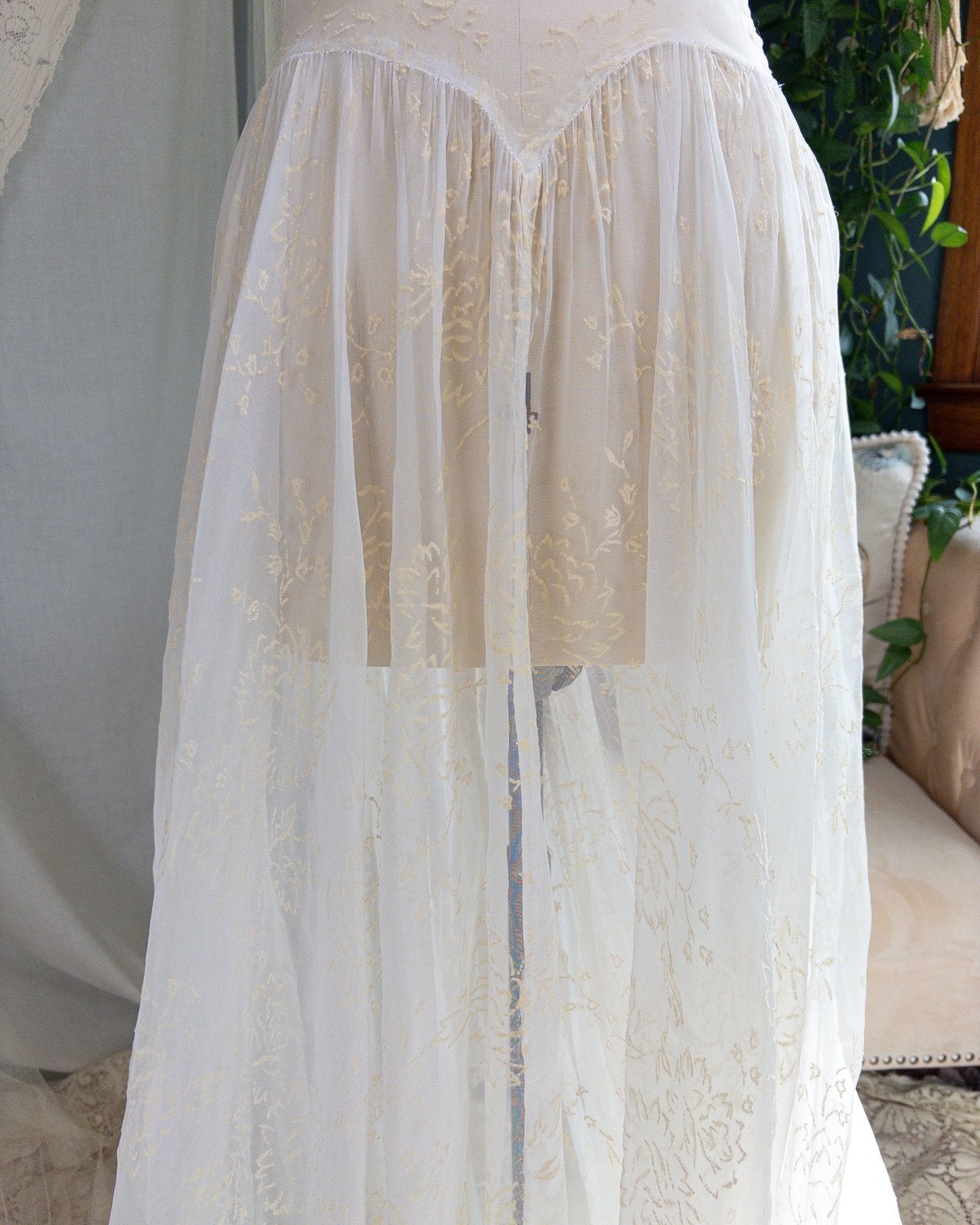 1930s - 1940s Wedding Dress - Sheer Ivory Rayon Chiffon with Raised Floral Motif & Train | Small, Medium - Daggers & Dames