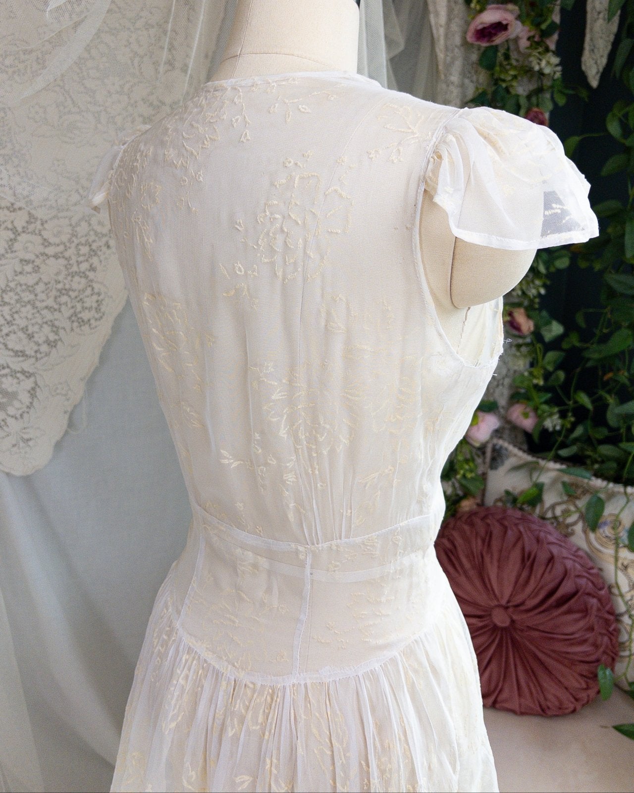 1930s - 1940s Wedding Dress - Sheer Ivory Rayon Chiffon with Raised Floral Motif & Train | Small, Medium - Daggers & Dames