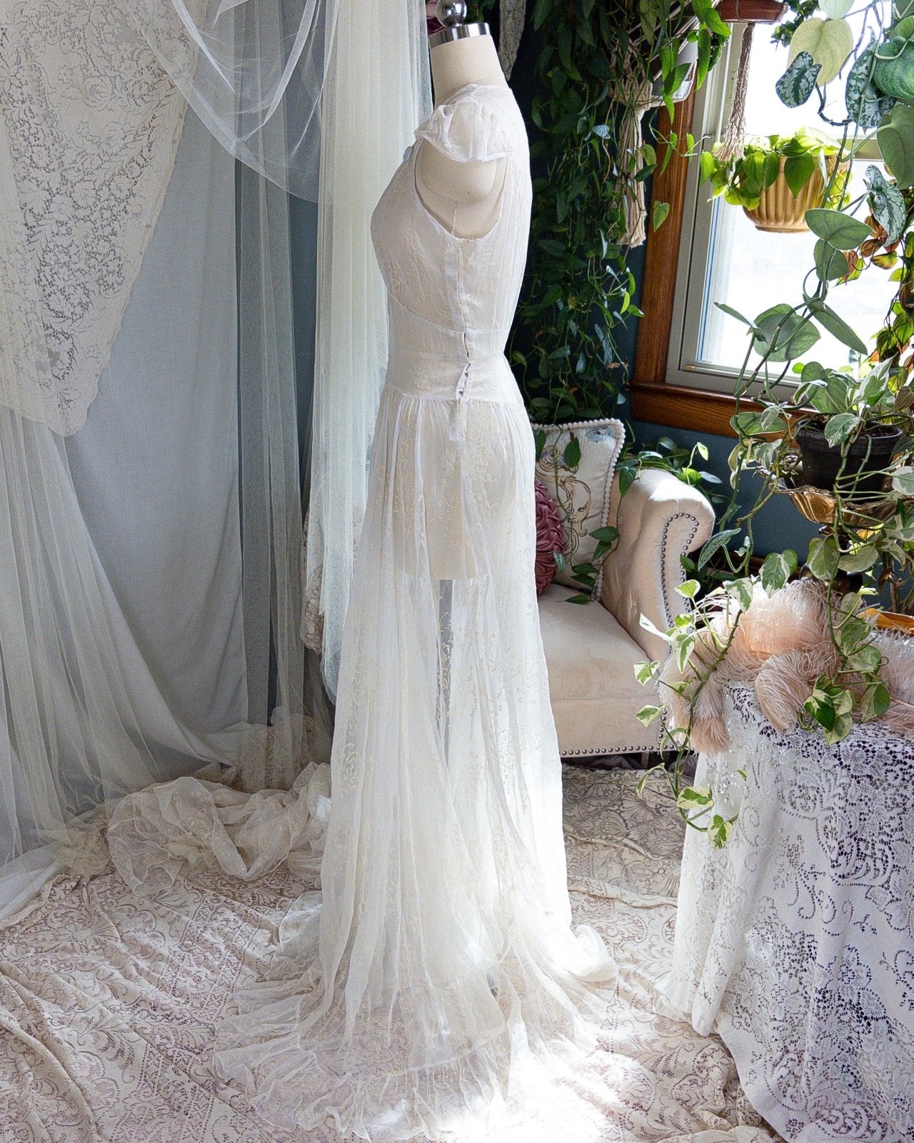 1930s - 1940s Wedding Dress - Sheer Ivory Rayon Chiffon with Raised Floral Motif & Train | Small, Medium - Daggers & Dames