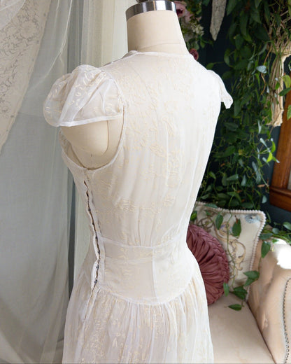 1930s - 1940s Wedding Dress - Sheer Ivory Rayon Chiffon with Raised Floral Motif & Train | Small, Medium - Daggers & Dames