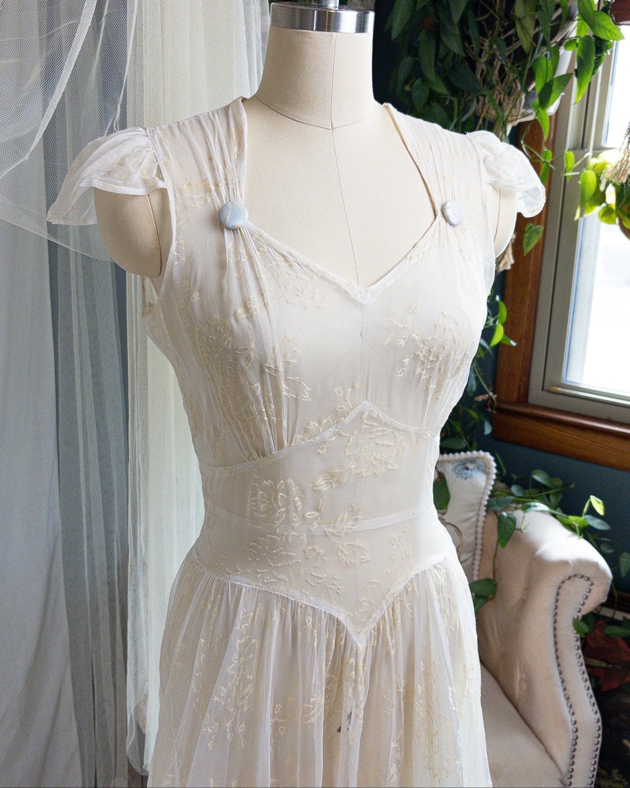 1930s - 1940s Wedding Dress - Sheer Ivory Rayon Chiffon with Raised Floral Motif & Train | Small, Medium - Daggers & Dames