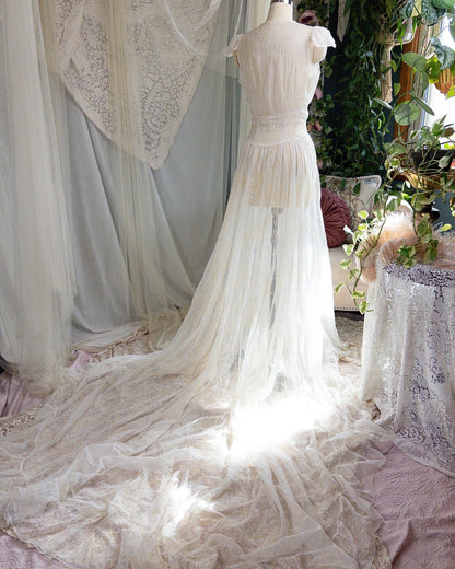 1930s - 1940s Wedding Dress - Sheer Ivory Rayon Chiffon with Raised Floral Motif & Train | Small, Medium - Daggers & Dames