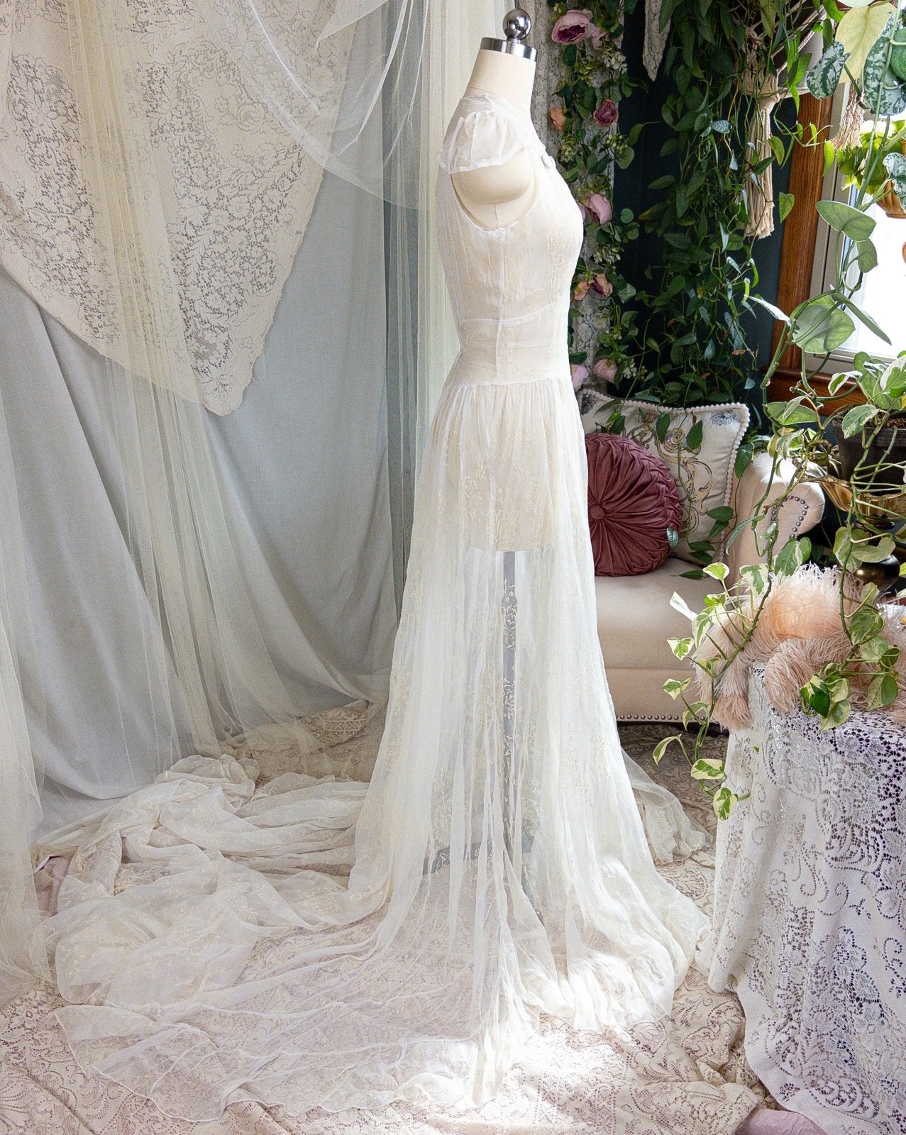 1930s - 1940s Wedding Dress - Sheer Ivory Rayon Chiffon with Raised Floral Motif & Train | Small, Medium - Daggers & Dames