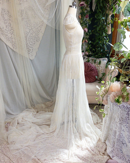 1930s - 1940s Wedding Dress - Sheer Ivory Rayon Chiffon with Raised Floral Motif & Train | Small, Medium - Daggers & Dames