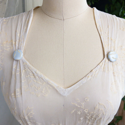 1930s - 1940s Wedding Dress - Sheer Ivory Rayon Chiffon with Raised Floral Motif & Train | Small, Medium - Daggers & Dames