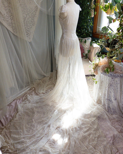1930s - 1940s Wedding Dress - Sheer Ivory Rayon Chiffon with Raised Floral Motif & Train | Small, Medium - Daggers & Dames