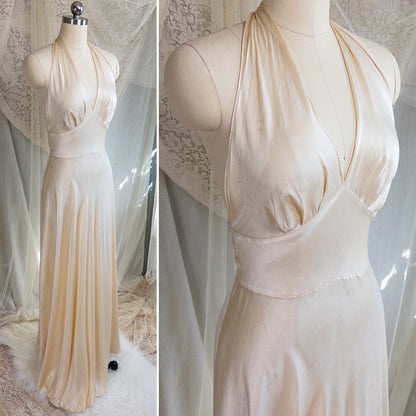 1930s Halter Nightgown - Champagne Gold Silk Satin with Open Back | Small, Medium - Daggers & Dames