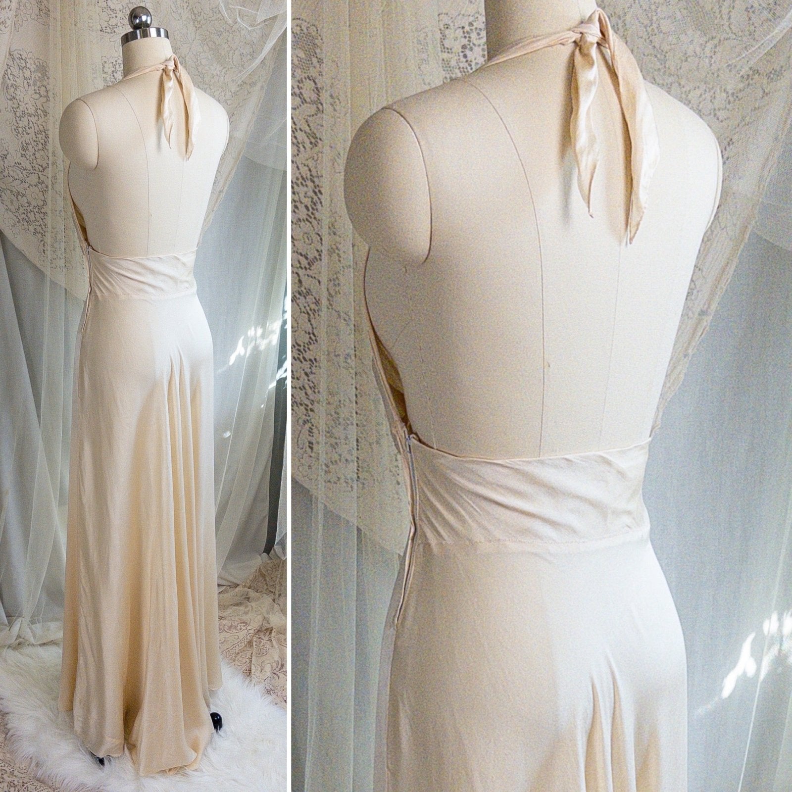 1930s Halter Nightgown - Champagne Gold Silk Satin with Open Back | Small, Medium - Daggers & Dames