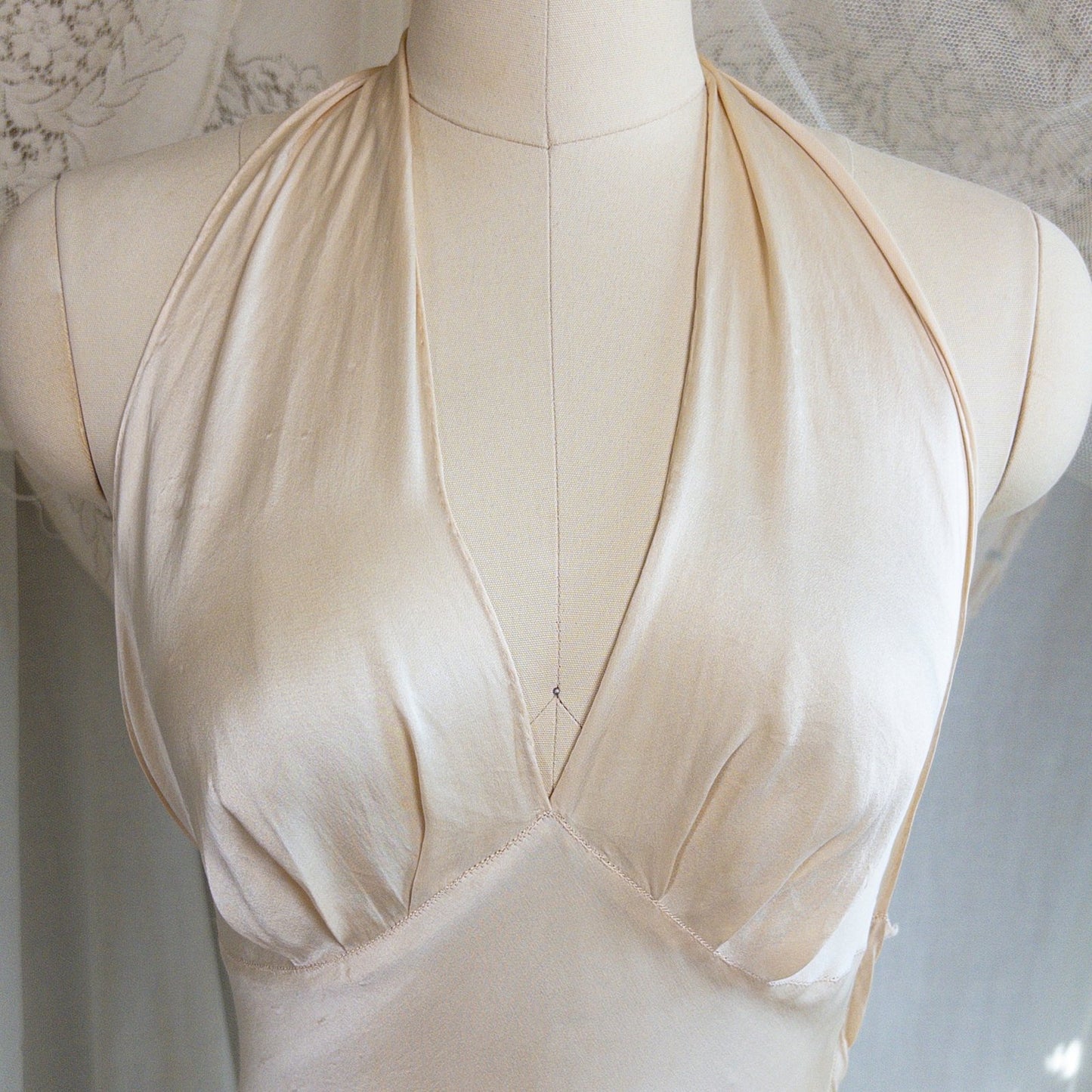 1930s Halter Nightgown - Champagne Gold Silk Satin with Open Back | Small, Medium - Daggers & Dames