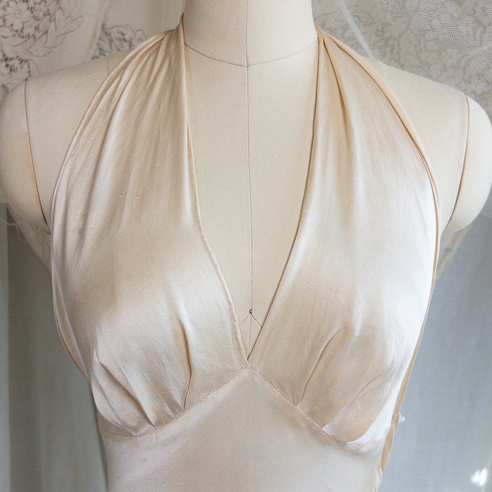 1930s Halter Nightgown - Champagne Gold Silk Satin with Open Back | Small, Medium - Daggers & Dames