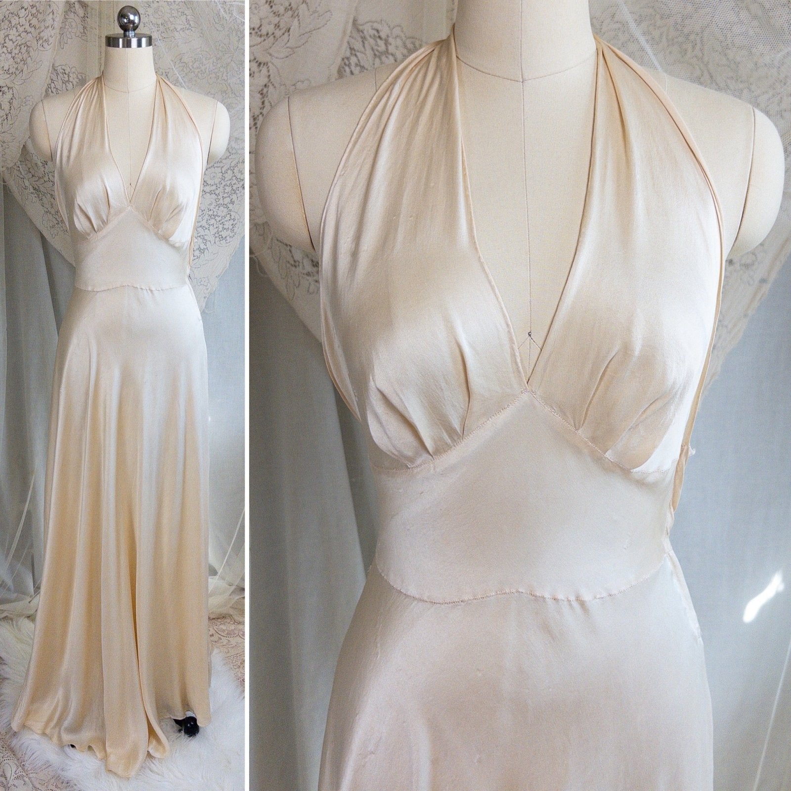 1930s Halter Nightgown - Champagne Gold Silk Satin with Open Back | Small, Medium - Daggers & Dames