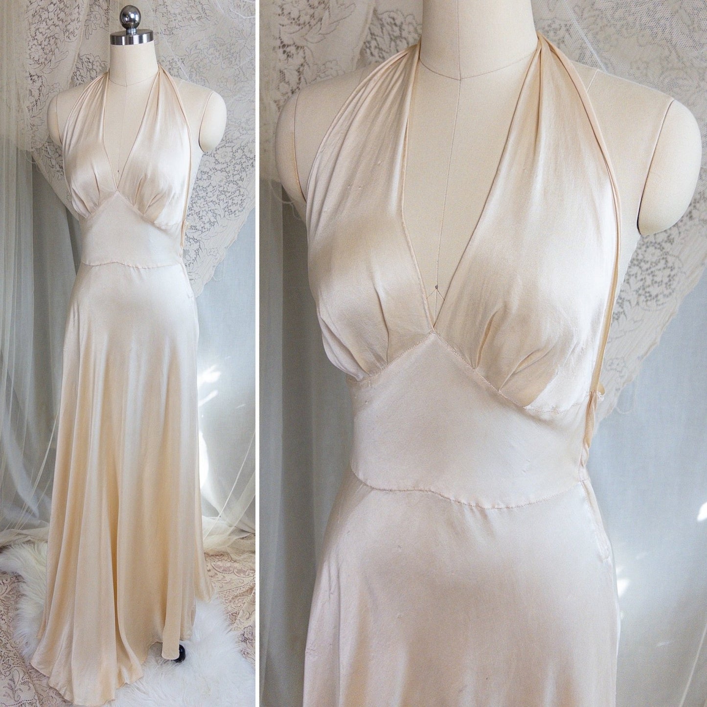 1930s Halter Nightgown - Champagne Gold Silk Satin with Open Back | Small, Medium - Daggers & Dames