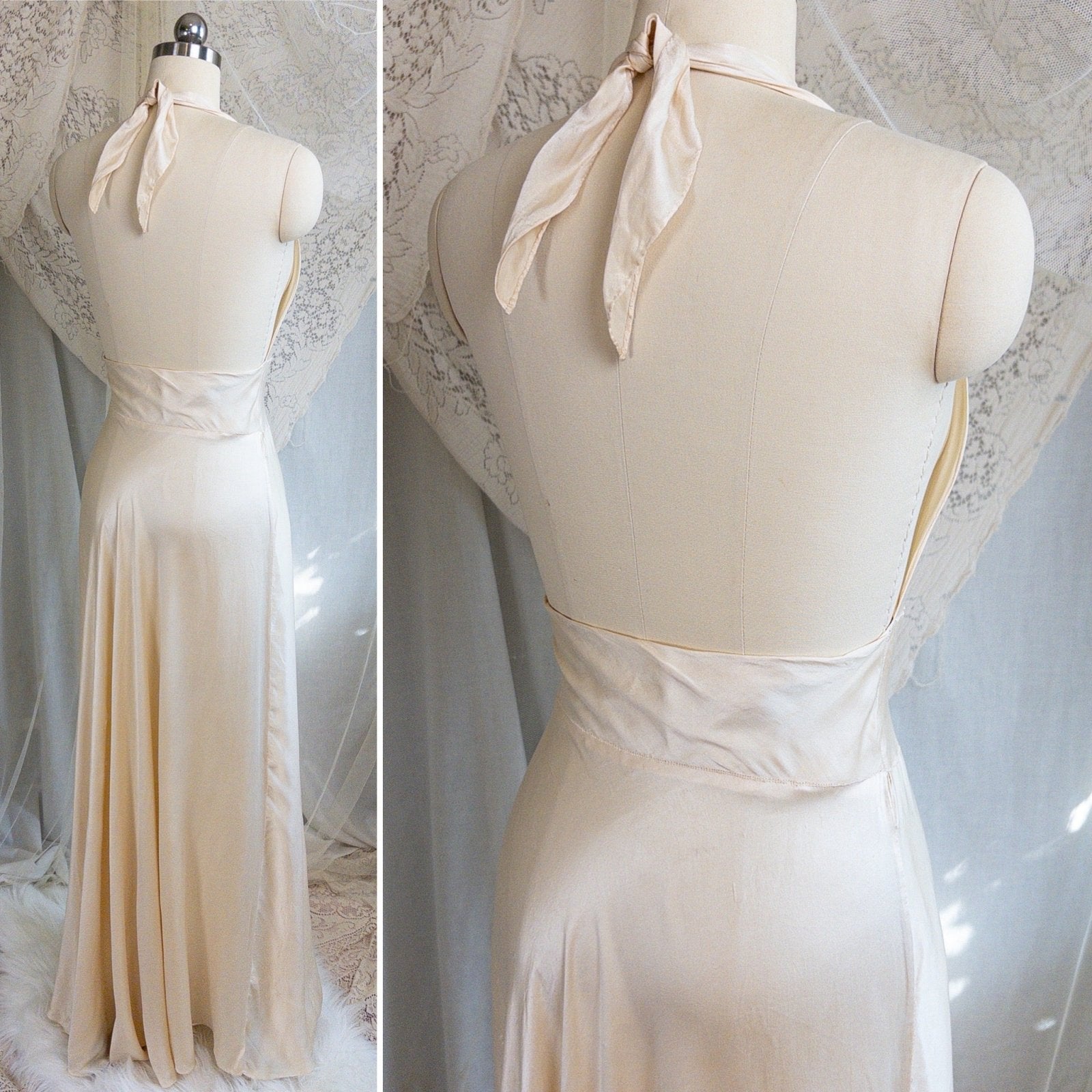 1930s Halter Nightgown - Champagne Gold Silk Satin with Open Back | Small, Medium - Daggers & Dames