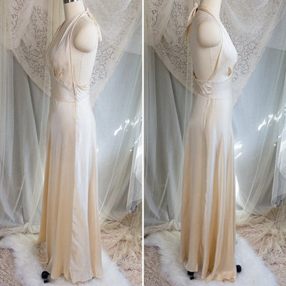 1930s Halter Nightgown - Champagne Gold Silk Satin with Open Back | Small, Medium - Daggers & Dames