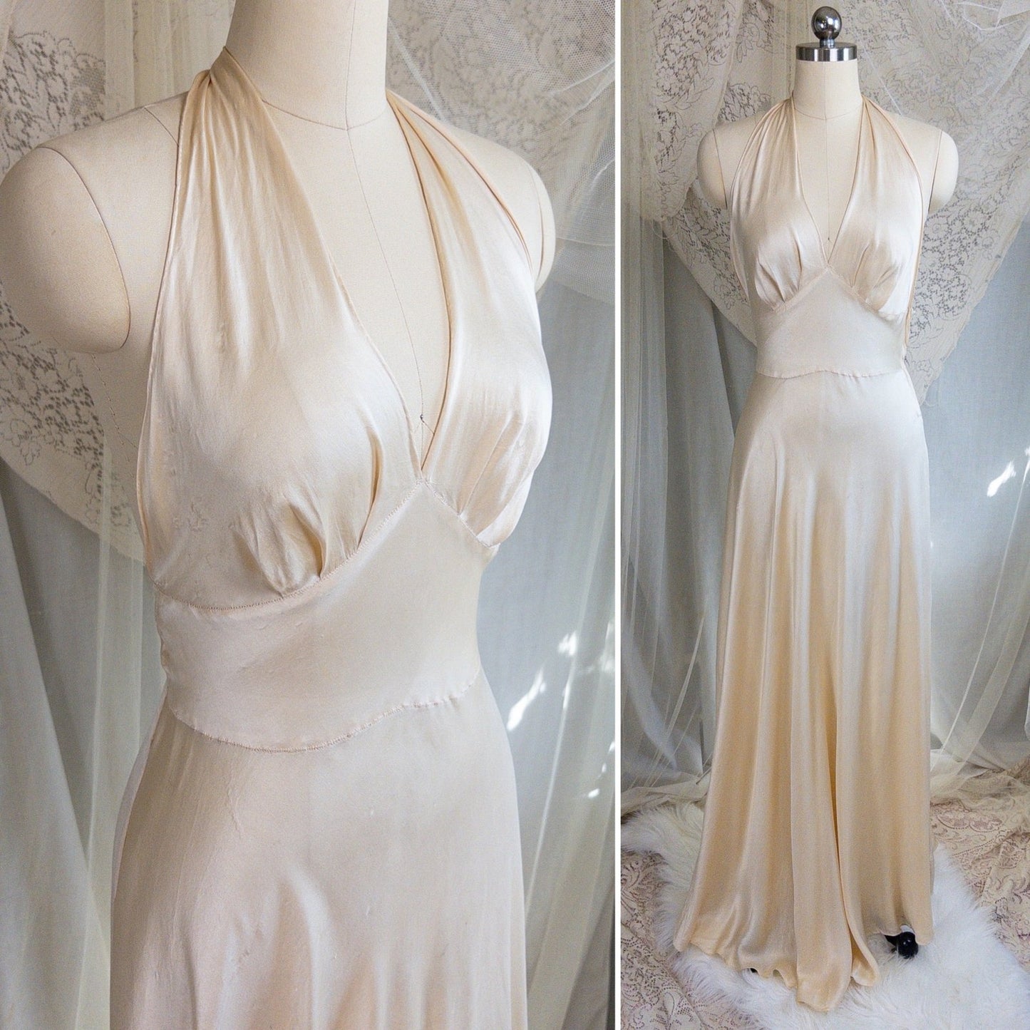 1930s Halter Nightgown - Champagne Gold Silk Satin with Open Back | Small, Medium - Daggers & Dames