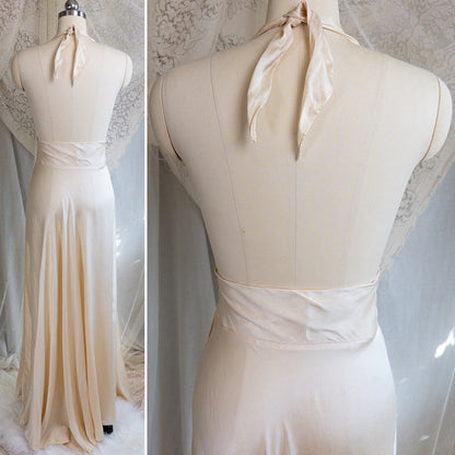 1930s Halter Nightgown - Champagne Gold Silk Satin with Open Back | Small, Medium - Daggers & Dames