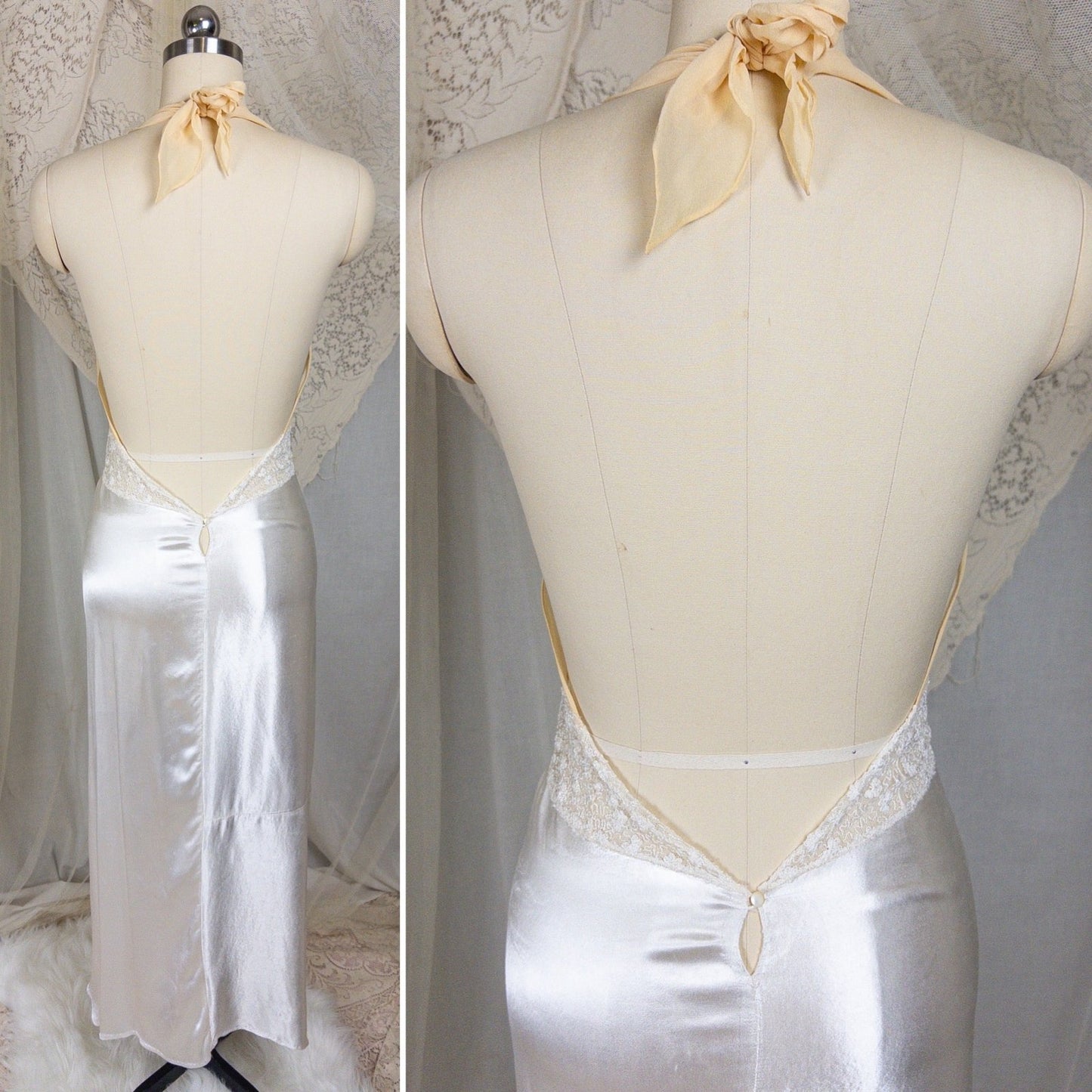 1930s Halter Nightgown - Sheer Ivory Silk & Pearl White Celanese Satin with Tambour Lace | XS, S, M - Daggers & Dames