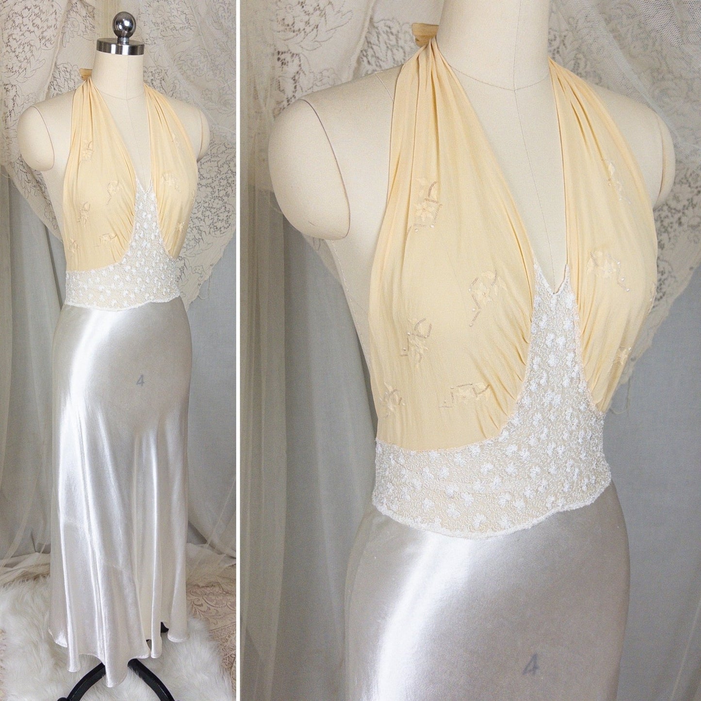 1930s Halter Nightgown - Sheer Ivory Silk & Pearl White Celanese Satin with Tambour Lace | XS, S, M - Daggers & Dames