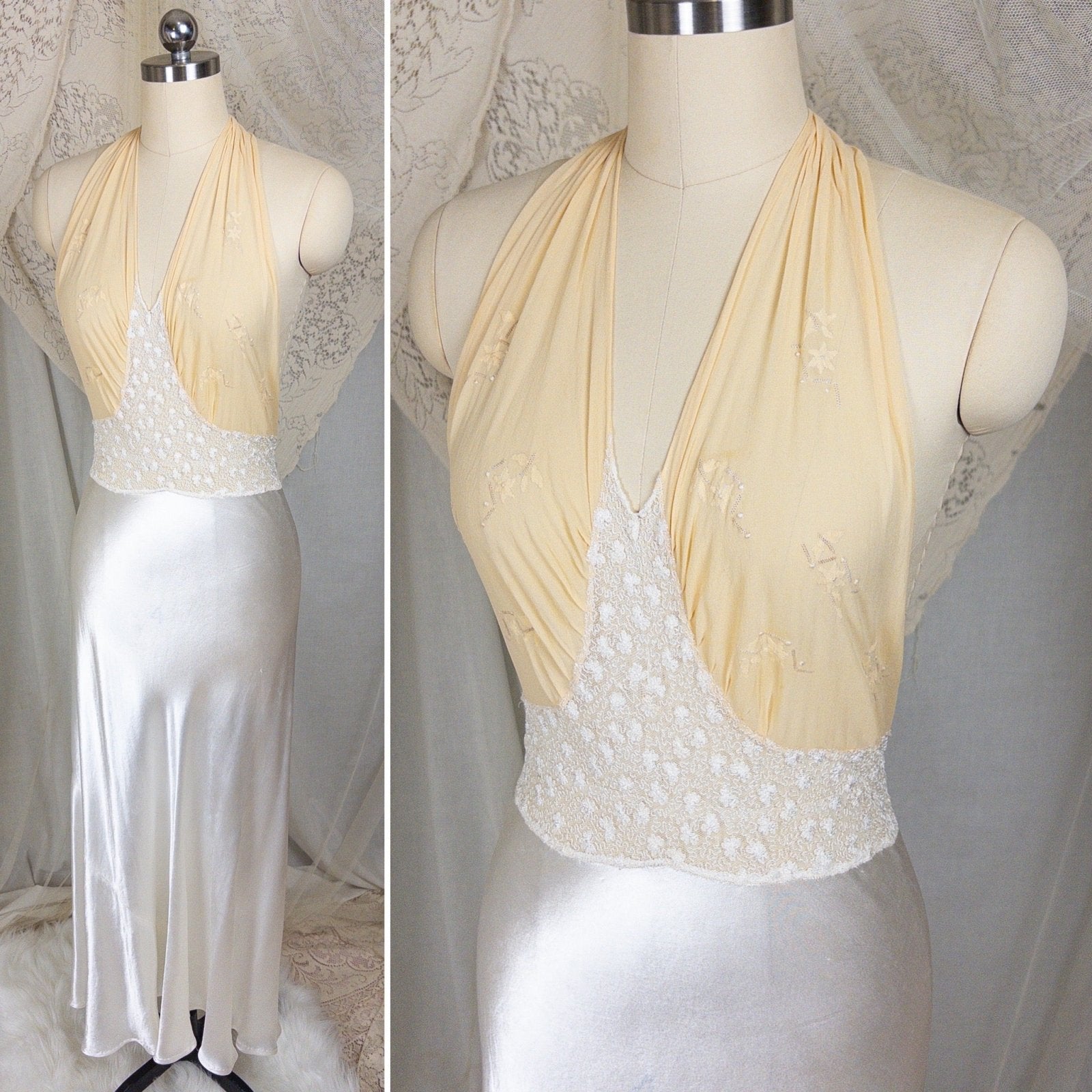 1930s Halter Nightgown - Sheer Ivory Silk & Pearl White Celanese Satin with Tambour Lace | XS, S, M - Daggers & Dames