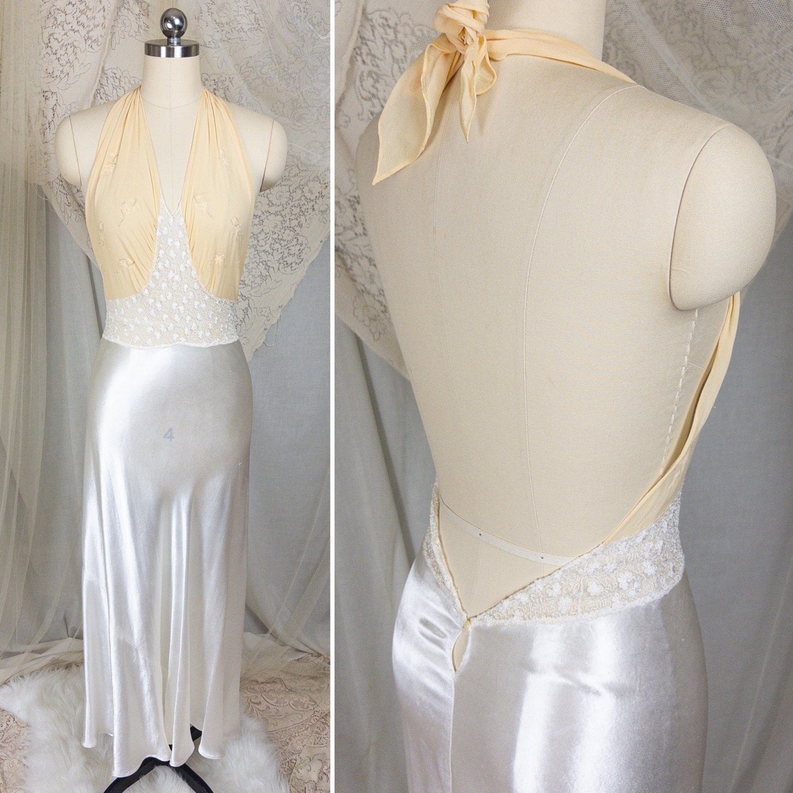 1930s Halter Nightgown - Sheer Ivory Silk & Pearl White Celanese Satin with Tambour Lace | XS, S, M - Daggers & Dames