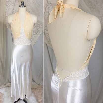 1930s Halter Nightgown - Sheer Ivory Silk & Pearl White Celanese Satin with Tambour Lace | XS, S, M - Daggers & Dames