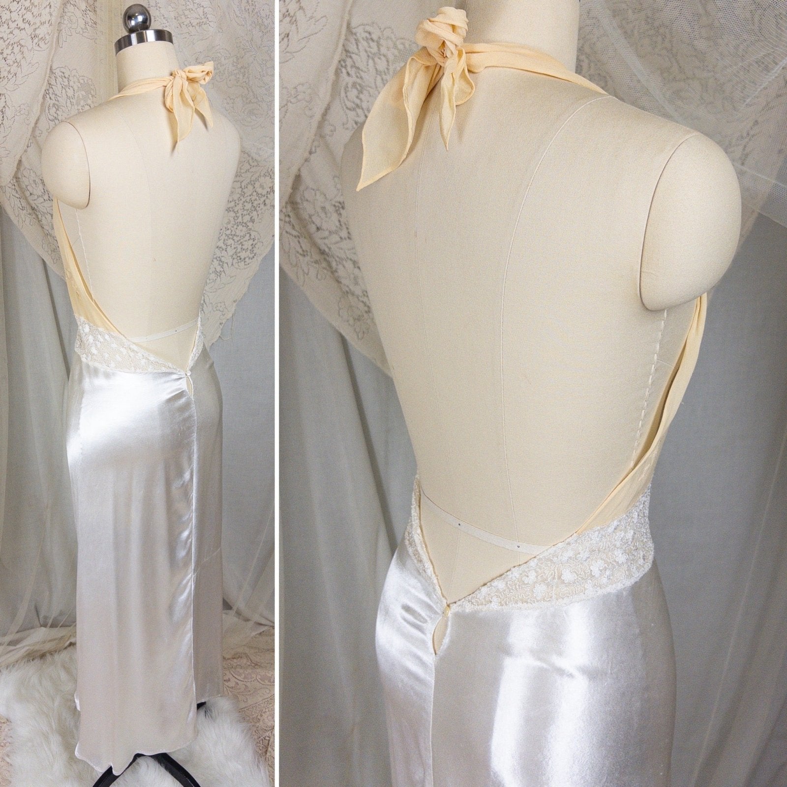 1930s Halter Nightgown - Sheer Ivory Silk & Pearl White Celanese Satin with Tambour Lace | XS, S, M - Daggers & Dames