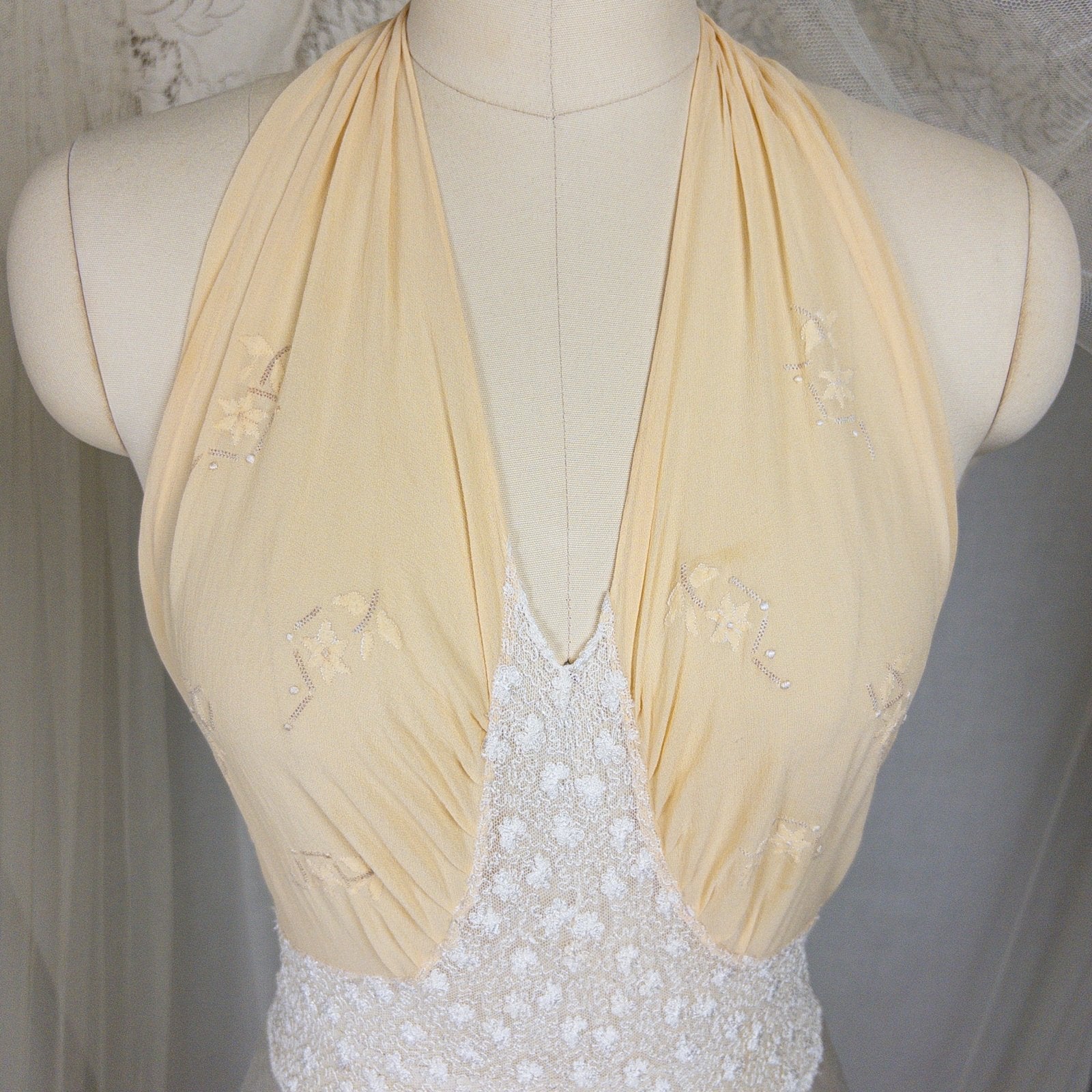 1930s Halter Nightgown - Sheer Ivory Silk & Pearl White Celanese Satin with Tambour Lace | XS, S, M - Daggers & Dames
