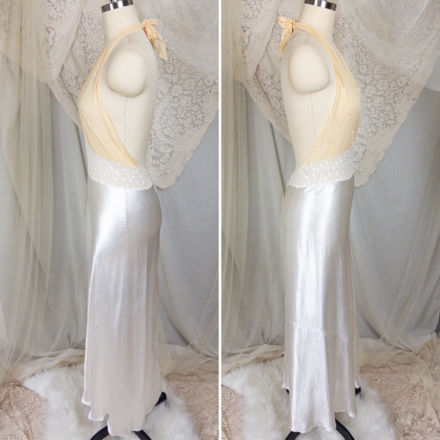 1930s Halter Nightgown - Sheer Ivory Silk & Pearl White Celanese Satin with Tambour Lace | XS, S, M - Daggers & Dames