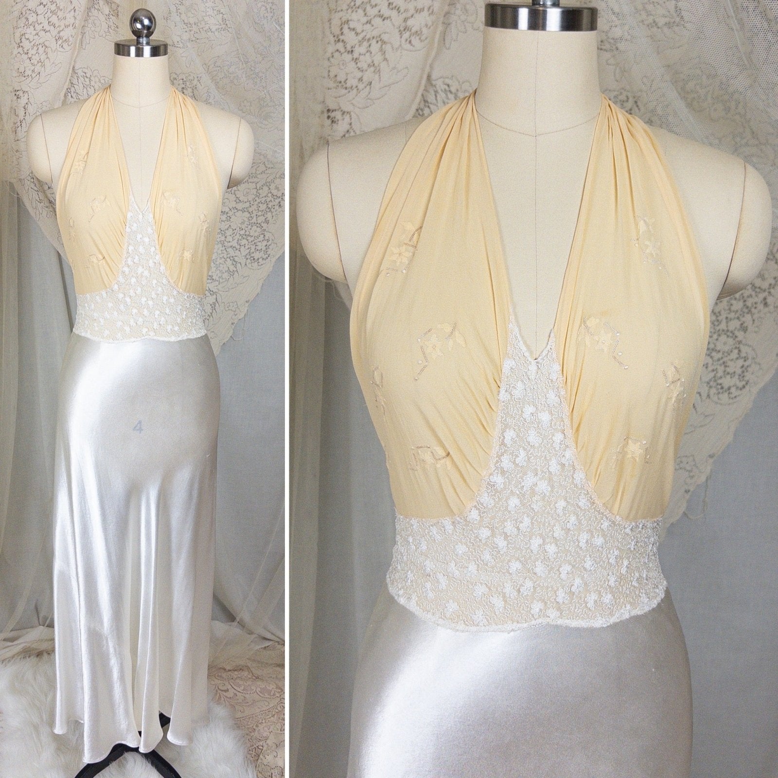 1930s Halter Nightgown - Sheer Ivory Silk & Pearl White Celanese Satin with Tambour Lace | XS, S, M - Daggers & Dames