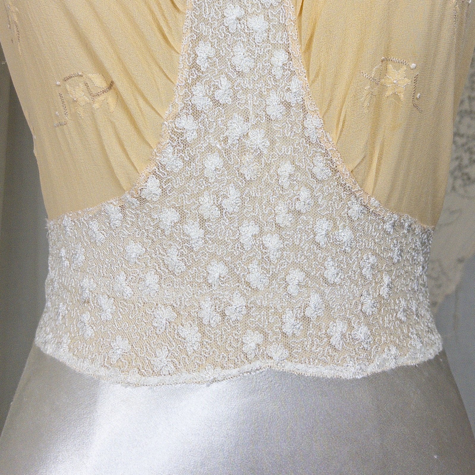 1930s Halter Nightgown - Sheer Ivory Silk & Pearl White Celanese Satin with Tambour Lace | XS, S, M - Daggers & Dames