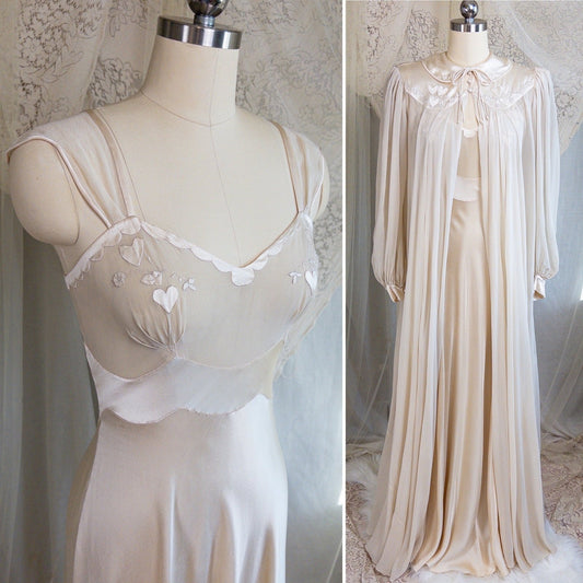 1930s Nightgown & Peignoir Set - Hand Stitched Golden Taupe Silk with Heart Appliqués | XS - Daggers & Dames