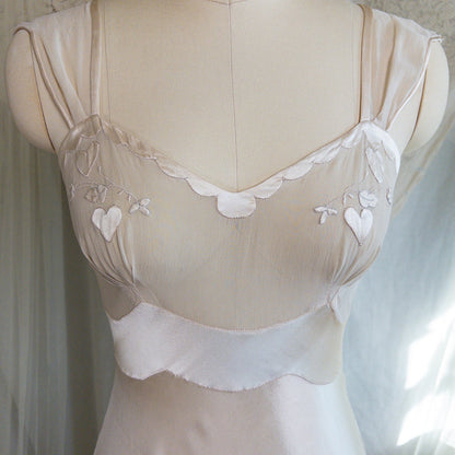 1930s Nightgown & Peignoir Set - Hand Stitched Golden Taupe Silk with Heart Appliqués | XS - Daggers & Dames