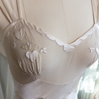1930s Nightgown & Peignoir Set - Hand Stitched Golden Taupe Silk with Heart Appliqués | XS - Daggers & Dames