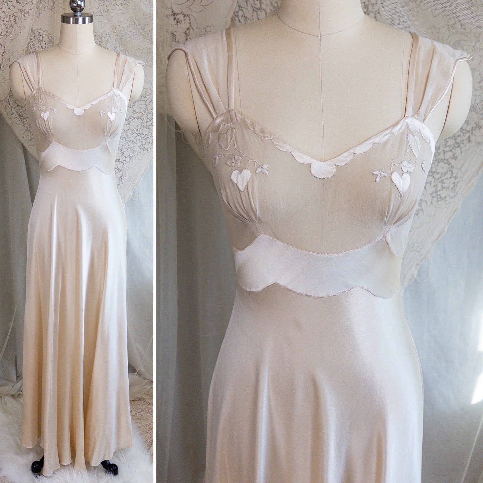 1930s Nightgown & Peignoir Set - Hand Stitched Golden Taupe Silk with Heart Appliqués | XS - Daggers & Dames