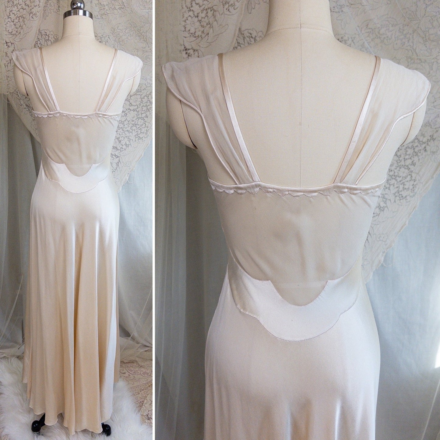 1930s Nightgown & Peignoir Set - Hand Stitched Golden Taupe Silk with Heart Appliqués | XS - Daggers & Dames