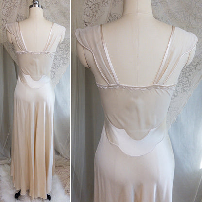 1930s Nightgown & Peignoir Set - Hand Stitched Golden Taupe Silk with Heart Appliqués | XS - Daggers & Dames