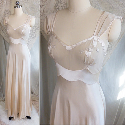 1930s Nightgown & Peignoir Set - Hand Stitched Golden Taupe Silk with Heart Appliqués | XS - Daggers & Dames