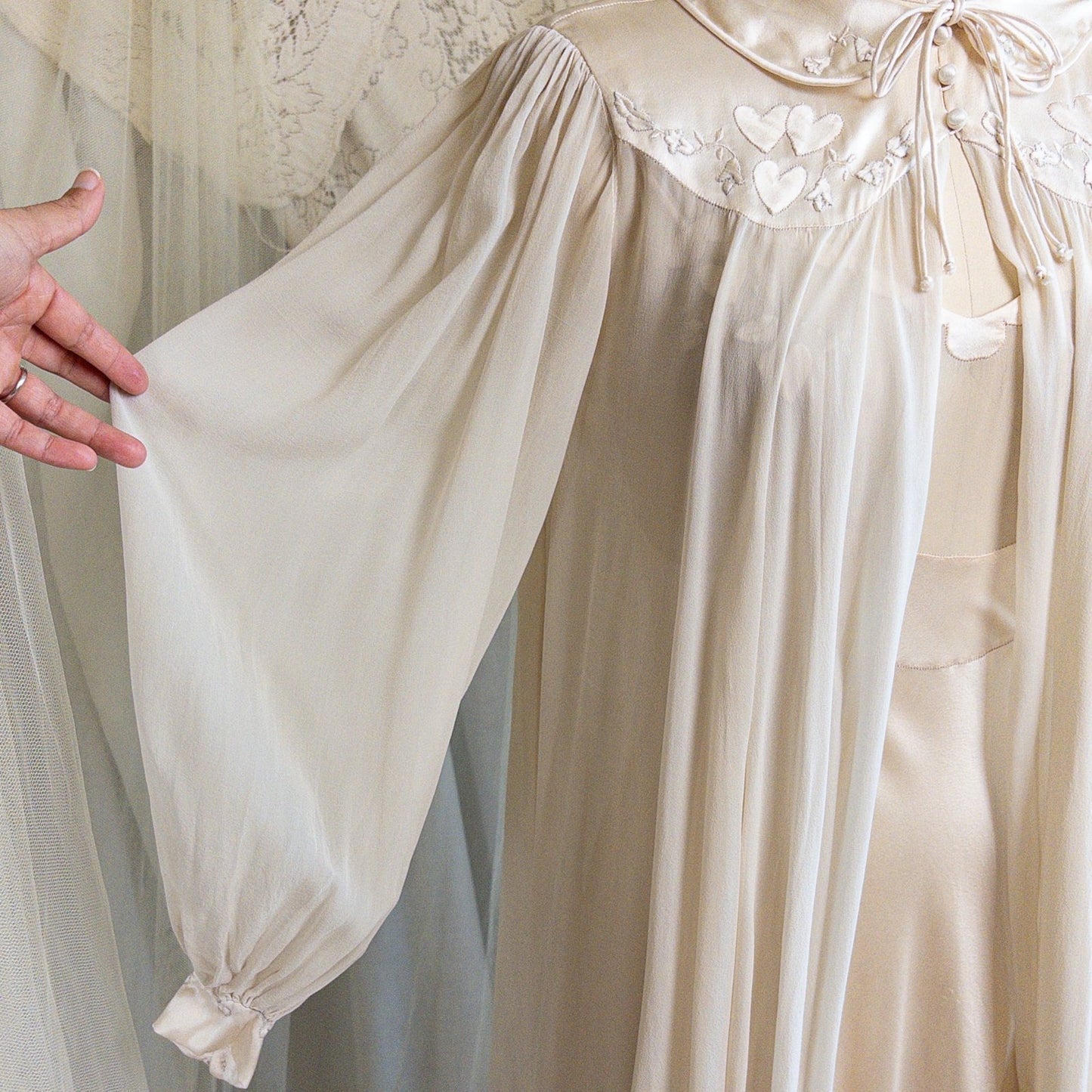 1930s Nightgown & Peignoir Set - Hand Stitched Golden Taupe Silk with Heart Appliqués | XS - Daggers & Dames