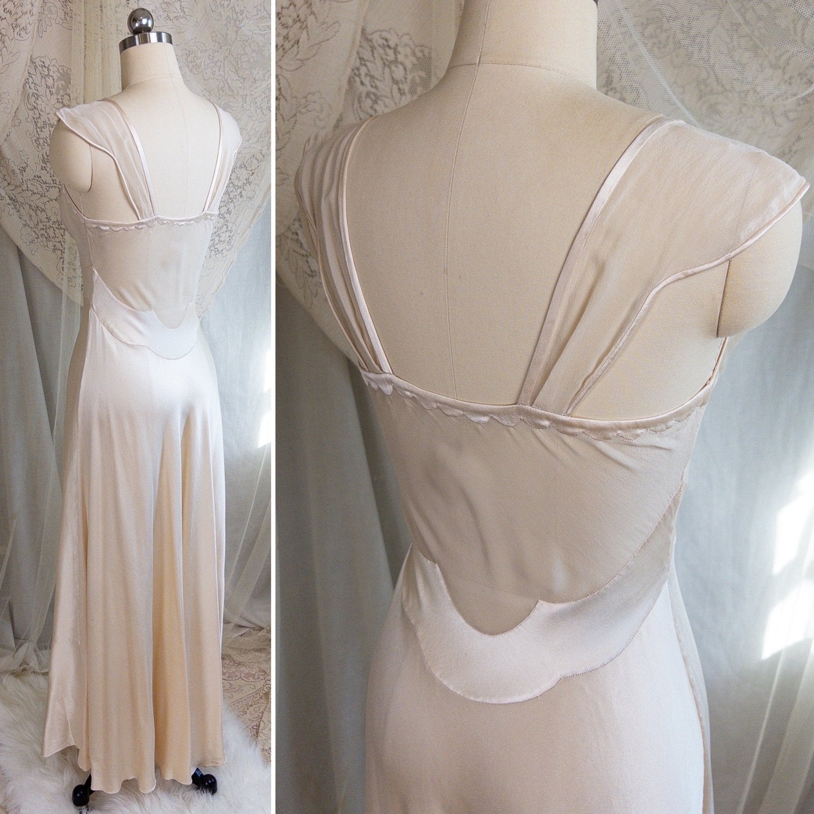 1930s Nightgown & Peignoir Set - Hand Stitched Golden Taupe Silk with Heart Appliqués | XS - Daggers & Dames