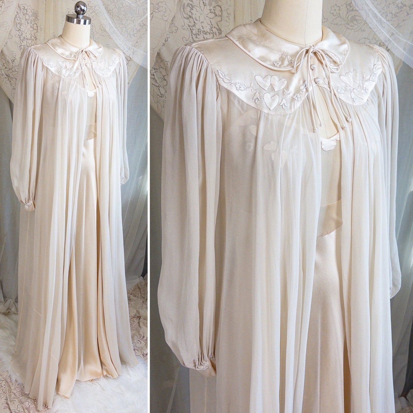1930s Nightgown & Peignoir Set - Hand Stitched Golden Taupe Silk with Heart Appliqués | XS - Daggers & Dames
