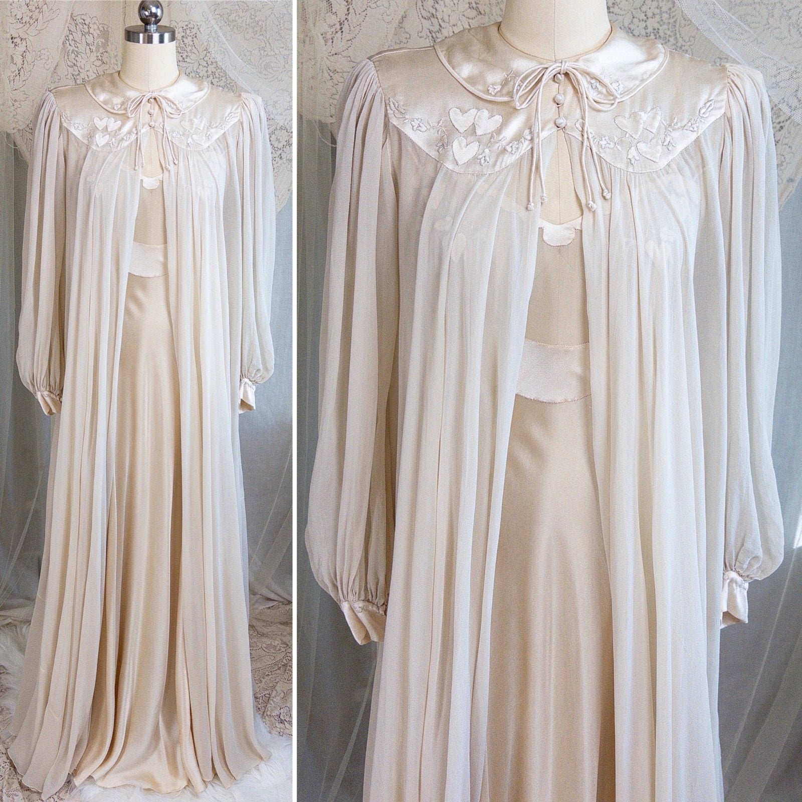 1930s Nightgown & Peignoir Set - Hand Stitched Golden Taupe Silk with Heart Appliqués | XS - Daggers & Dames